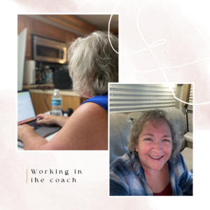 Two photos of Amy in the coach - one working on a laptop, the other looking at the camera