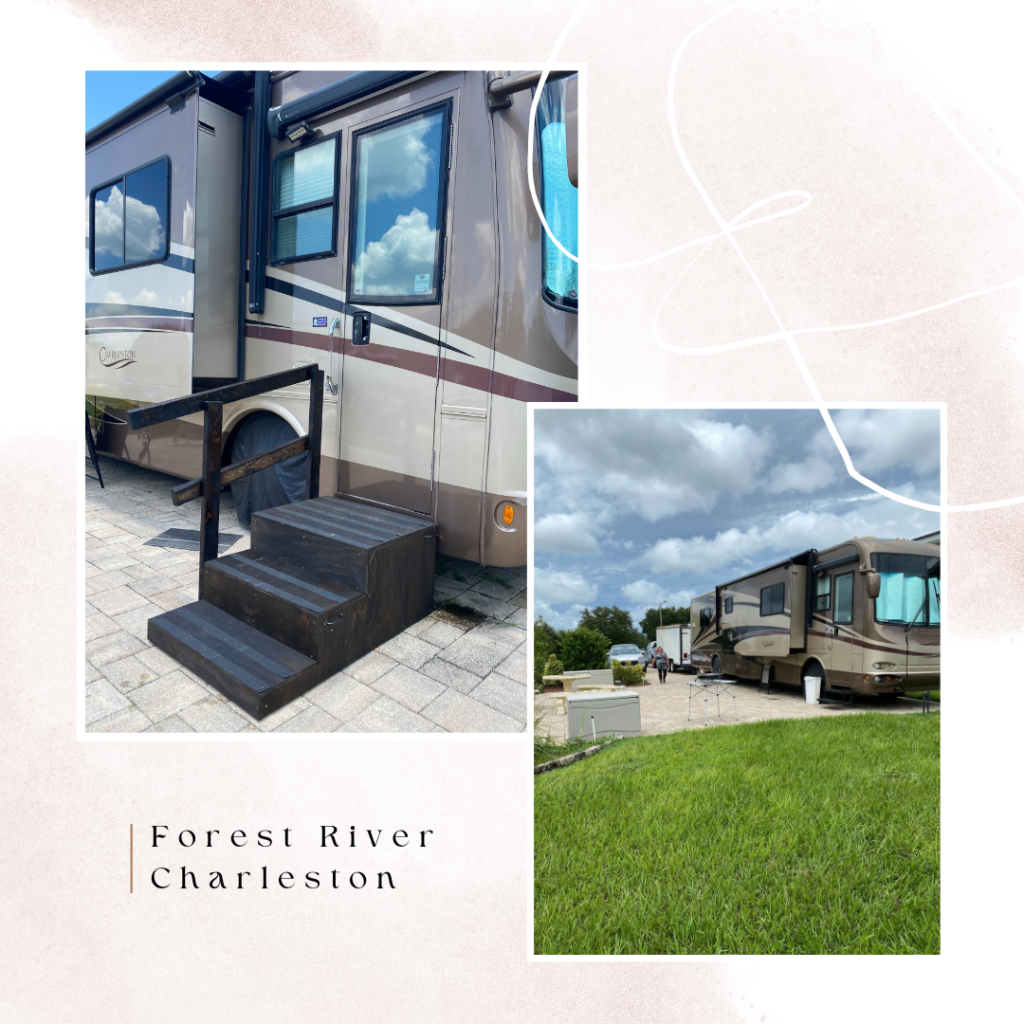 Forest River Charleston parked on pavers surrounded by green grass on the lot we bought for our Full-Time RV Living