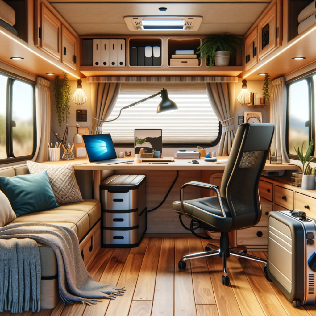 Dall-e generated picture of a home office in an rv - blending office and motorhome for Full-Time RV Living 