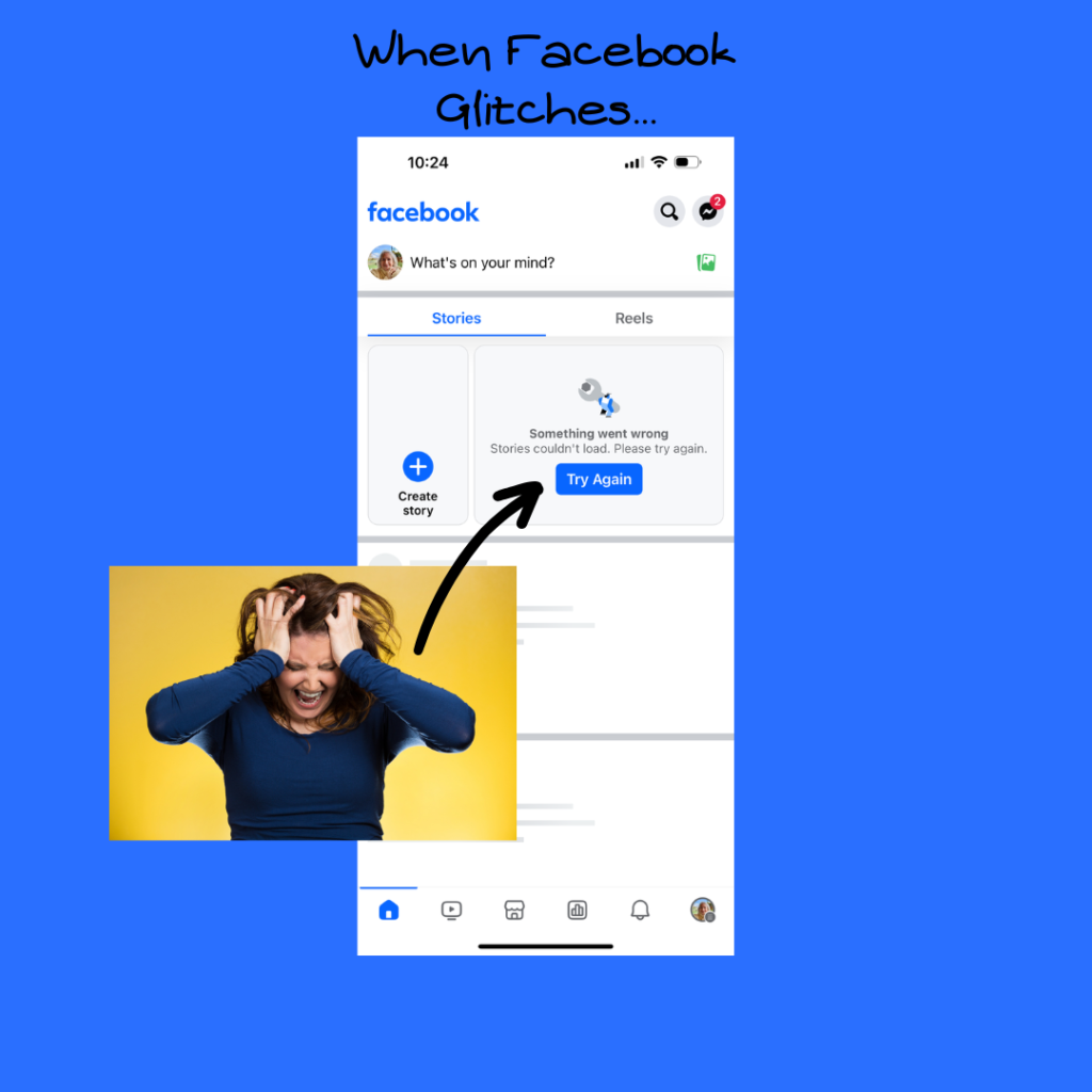 A woman pulling her hair out with an image of a Facebook screen showing Something Went Wrong Try Again. 