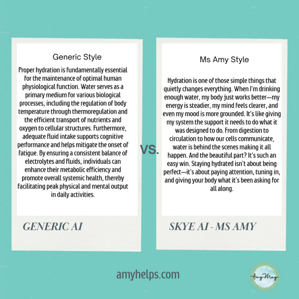 An image showing a generic Ai post about hydration versus a Ms Amy Ai post about hydration to show the differences. 