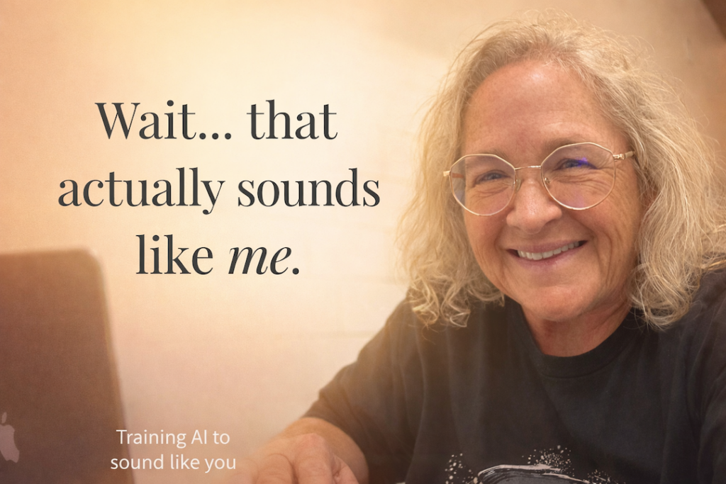 An Ai enhanced image of Amy smiling working at her computer - happy because My Ai sounds like me! 