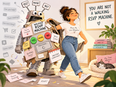 An AI generated image of a woman smiling and walking away from an RSVP robot that is covered in sticky notes as she learns clarity and time management to improve her life. 